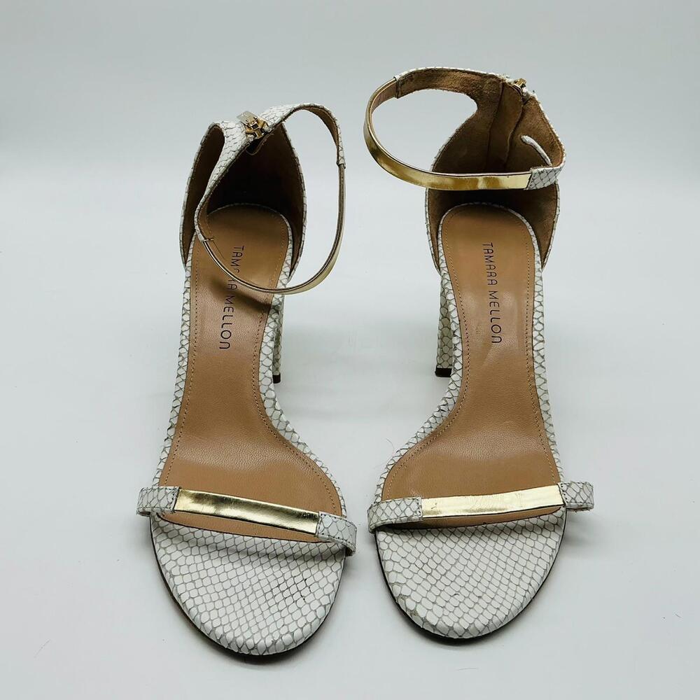 Tamara Mellon White & Gold Snakeskin Triangle Heel Sandals EU 40.5 US 9.5
